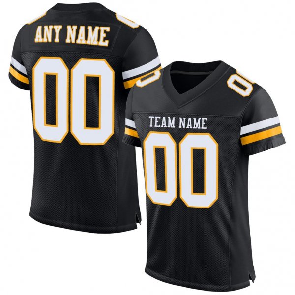 Women's Custom Black White-Gold Mesh Authentic Football Jersey