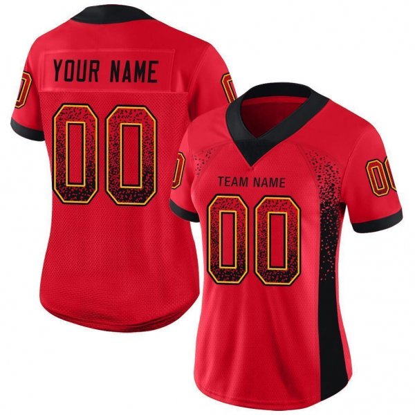 Youth Custom Scarlet Black-Gold Mesh Drift Fashion Football Jersey