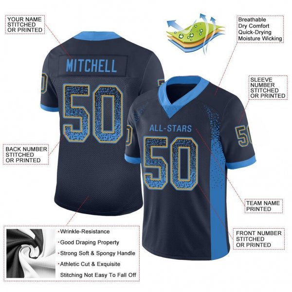 Youth Custom Navy Powder Blue-Gold Mesh Drift Fashion Football Jersey